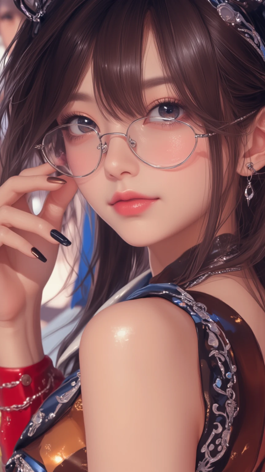 A dark-haired, Blunt bangs, bangs, ponytailhair, Twin-tailed, short ponytail hair, side locks, heart ahoge, hairpin, Hair ribbon, hair pin, hair adornments, Hair bow, wears glasses, hair scrunchie, heart-shaped hair ornament, bow hair band, pink hairband, Heart-shaped pupils, mismatched pupils, Sparkling eyes, cheekpinching, cheekpinching, facing another, excited, nose blush, Naughty, Interior architecture, Anime, Minimalism, Anime style, Depth of field, Backlighting, Ray tracing, 16k, A high resolution, Best quality, High quality, High details, Super detail, 巨作