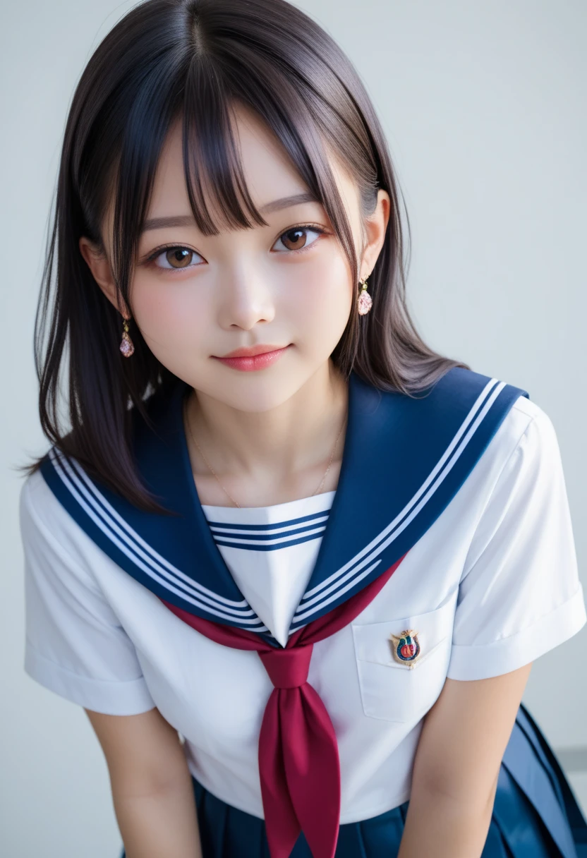 (8k, highest quality, masterpiece: 1.2), (realistic, photorealistic: 1.37), ultra-detail, highest quality, ultra-high resolution, professional lighting, photon mapping, radiosity, physically based rendering, cinematic lighting, high school girls' uniforms, depth of field, focusing, sunbeams, good composition, (bokeh: 1.2), 1 girl, (full body), (mouth closed), Beautiful Eyes, Pose, Constriction, High School Girl Sailor Uniform, Black Hair, Unkempt Hair, Long Hair Fluttering in the Wind, (ulzzang-6500:1.2) mix4, hiqcgbody