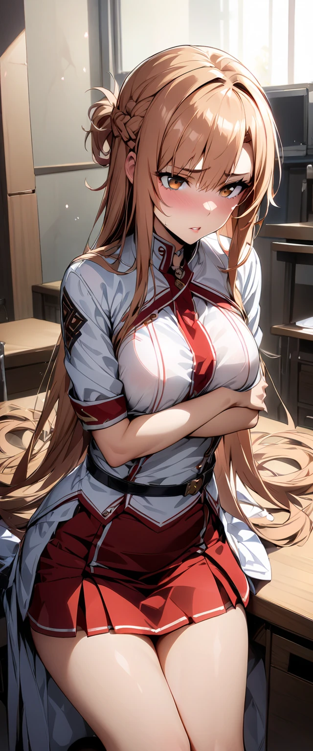 masterpiece, Top quality , , 1 girl, arms, Solitary, length_hair, Chest当て,White_, Cleavage, , ventral_Tattoo, Brown_hair, Weaving, Knee socks,Brown_Eye, skirt,White_skirt, Black_Knee socks, Red_skirt, separate_Lips, 前hair, Chest, skirt, cowboy_shooting,