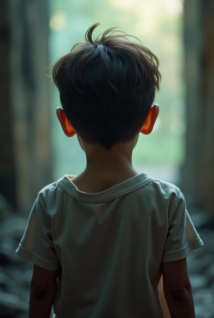 １１Photo of a 1-year-old boy looking outside from inside his room。profile。Morning light shines into the room。
