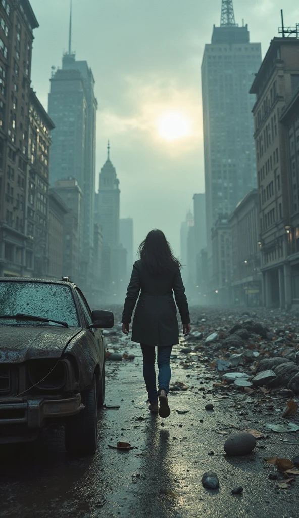 "I step forward cautiously, my feet brushing against shattered glass and scattered debris on the road. I extend my hand, feeling a wrecked car beside me, the cold metal and sharp scratches beneath my fingers. I quickly pull my hand away as I feel a rusty edge, my eyes scanning the collapsed skyscrapers ahead. The sky is covered in thick gray clouds, with the sun barely casting a dim light over the surrounding destruction."