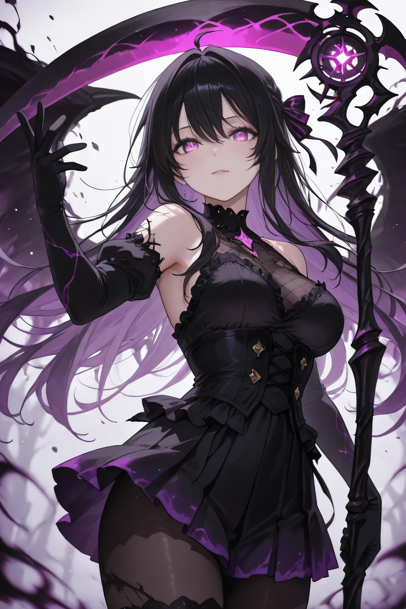 A captivating artwork of a darkly enchanting female character in a shadowy, magical setting. The full-body view reveals her in dark and magical clothes of black and purple, perfectly matching her mysterious aura. Her short black hair and intense crimson eyes exude an allure of dark beauty. She wields a dark staff, emanating an ominous power that complements her enigmatic presence.
The background is a moonlit forest shrouded in mist, with twisted trees and shadows dancing in the dim light. The ground is covered with delicate, glowing mushrooms, and spectral butterflies flit about, adding to the eerie and mystical atmosphere of this enchanting scene.