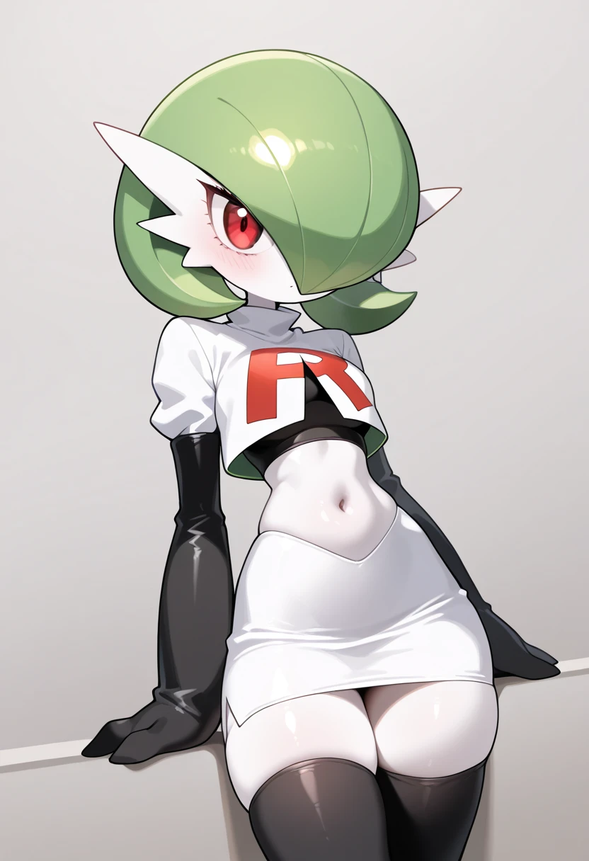 gardevoir, flat chest, green hair, hair over one eye, pokemon \(creature\), red eyes, short hair, white skin, <lora:gardevoir_v2:0.8>, full body, thick thighs, green jersey, green bike shorts, green thighhighs, elbow pads, knee pads, smile, closed mouth, looking at viewer, running, white background, <lora:MarioStrikerStyle:0.7>