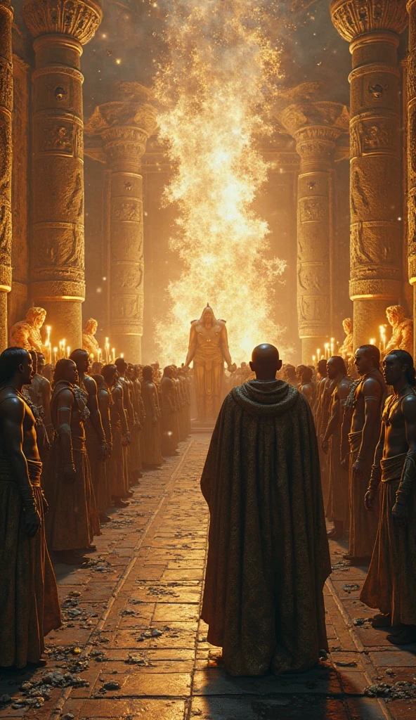 "Isis and Nephthys discover Set&#39;s betrayal in a moment of revelation, with Set&#39;s face distorted with anger as his plan is finally exposed. The gods line up in a circle around him, while the divine light illuminates Isis, who points accusingly at his brother. The temple floor cracks under Set&#39;s feet, symbolizing the fracture of the divine family."
