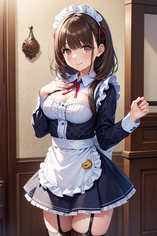 masterpiece,best quality,highres,ultra-detailed,aamiku,long hair,bangs,hair between eyes,large breasts,<lora:nakano_miku:0.8>,indoors,cafe,maid,maid headdress,apron,(skirt hold:1.2),standing,cowboy shot,smile,
