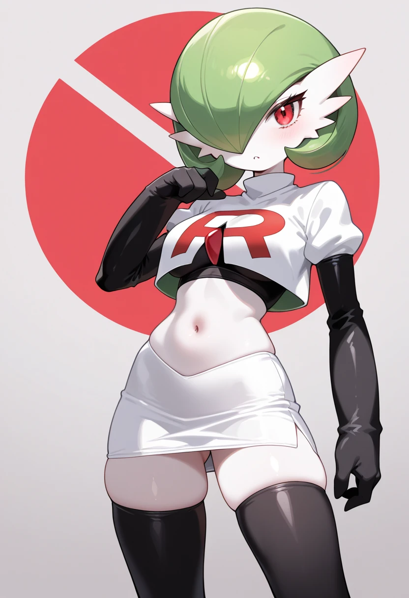 gardevoir,1girl,team rocket,team rocket uniform,white skirt,crop top,black thigh-highs,black elbow gloves,