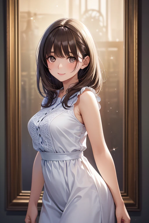 Drawing of a girl in a ponytail and dress, cute 3d rendering, cute detailed digital art, mini cute girl, cute digital painting, 3D rendering style, cute digital art, cute rendering 3d anime girl, Small Curvy , cute! c4d, One character's whole body, Standing on a white pedestal