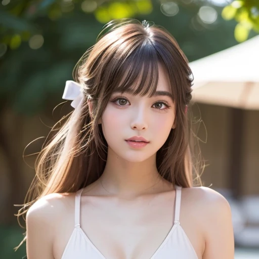 body shot,Outdoor,micro bikini,resort Beach,Ultra-detailed, finely detail, hight resolution, 8K Wallpaper, Perfect dynamic composition, Beautiful detailed eyes,,Close-up of face,,Blushing,Facing forward,Long hair ponytail,((8k, Raw photo, Best Quality, Mastepiece:1.2), (Realism, Photorealistic:1.4), (Highly detailed 8K wallpapers), Depth of written boundary, Cinematic Lighting, Soft Light, Detailed Beauty Eye,Shiny and smooth light brown ponytail, Asymmetrical bangs, Shiny skin, Ultra-detailed skins ,It is high resolution., High detail, Detailed hairstyle, Detailed facial beauty, Hyper-realistic, Perfect limbs, Perfect Anatomy ,1 Japanese girl,Famous Japanese Idols, Perfect female body,A shy smile,Short eyelashes,Double-edged eyelids,Look straight here,Hair style: ponytail,