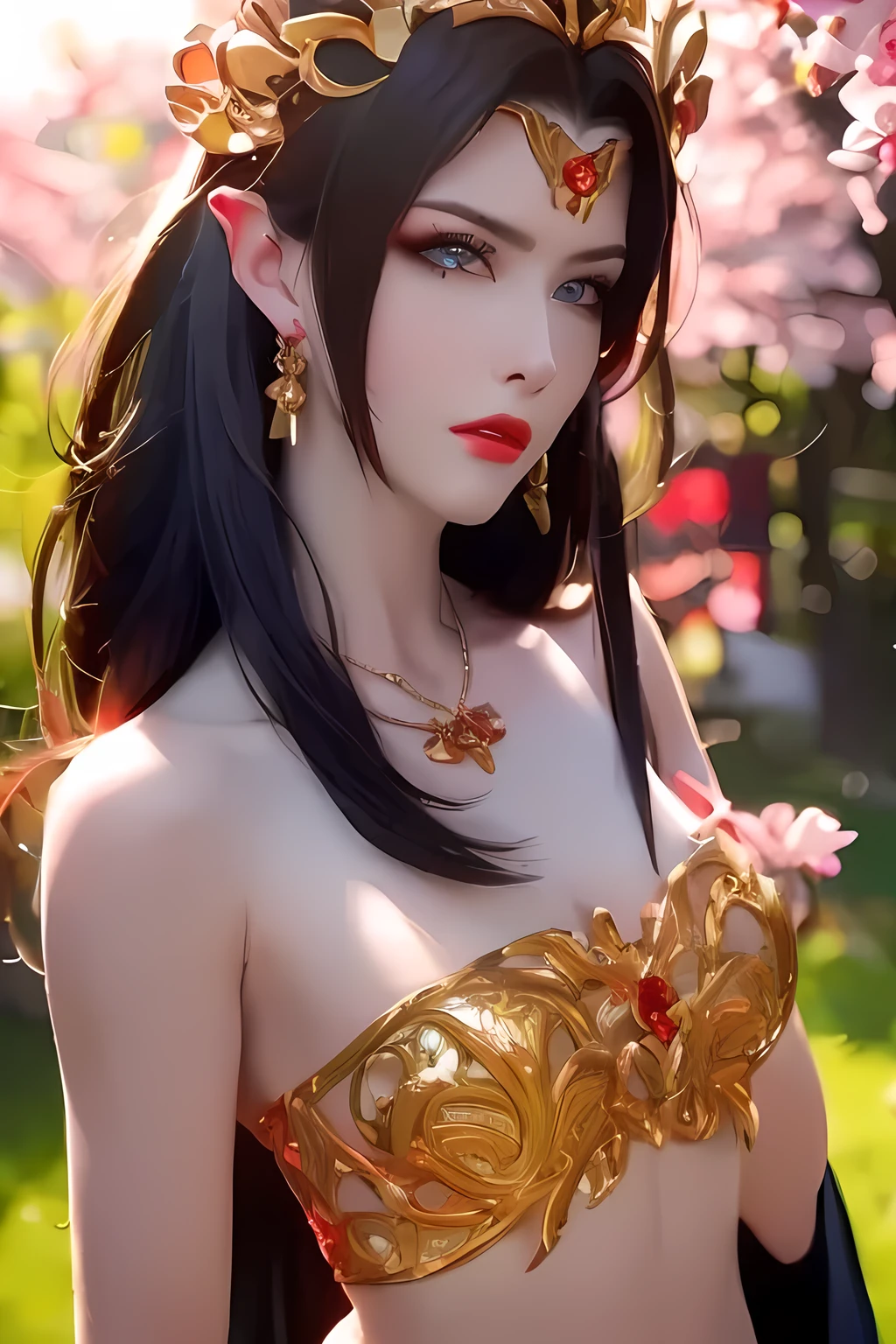 One 20 year old girl, breast 1.1, navel,upper body,bare shoulders,wears red tube top,red skirt, blue gems,shiny skin,hand in own hair,(mature female),milf, beautiful cai lin, deep blue eyes, jet black long hair, face symmetry 8k resolution high quality. background: around the garden surrounded by Sakura trees with fluttering sakura petals,
Image from head to thighs, hourglass figure, bare round shoulders, exposed midriff, a tilak on her forehead,ornamental logo on her forehead, snake crown, necklace, earings with blue gem, long black hair bangs, pointy ears,golden bracelet,Bright lightening under the sun through sakura canopy. High quality 16k resolution,( HDR :1.5), cinematic look, ultra-detailed,ultra lightening, (photorealistic :1.2), long thin straight eyelashes, dense black eyelashes,sharp eyes, diamond shaped head, straight nose, closed heart shaped lips, front view pose looking at viewer, sexy,