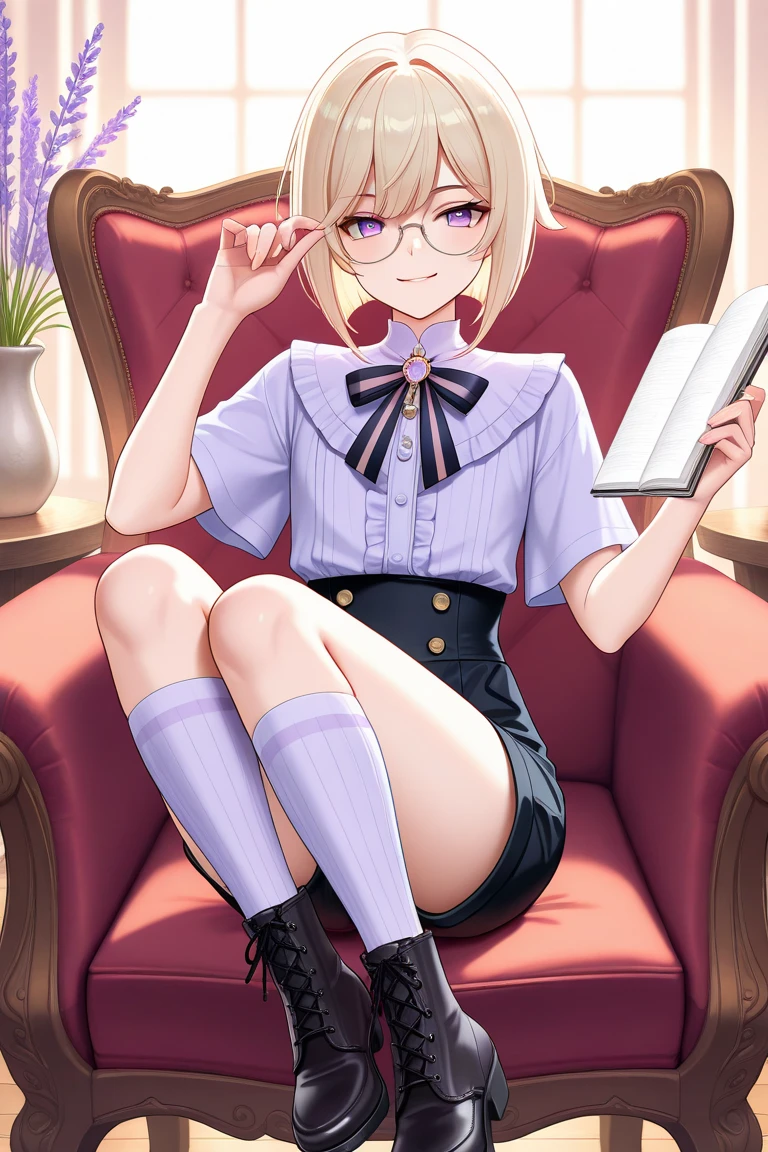 (masterpiece:1.2, Highest quality),(anime), 10-year-old girl,,Purple Eyes,Beige hair,Braid,Wearing a dress over a white shirt,Round Glasses,Checkered clothing,Black Stockings
