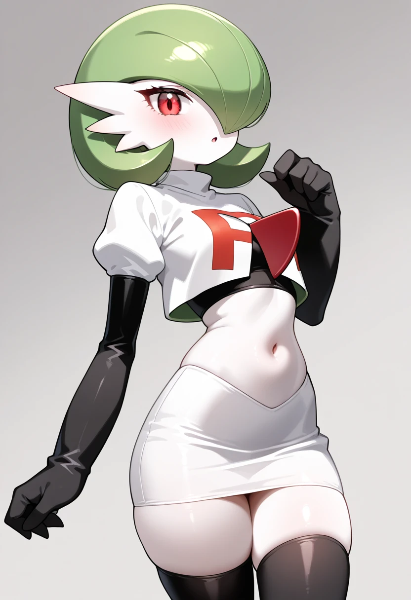 1girl, prushka, short hair, multicolored hair, medium breasts, maid headband,  looking at viewer, :\, team rocket,team rocket uniform,white skirt,red letter R,crop top,black thigh-highs,black elbow gloves