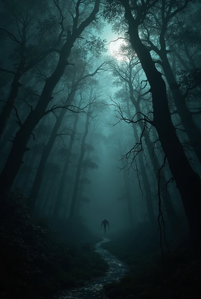 solitary girl standing at the edge of a dark, fog-covered forest, her back to the viewer. The shadows around her are filled with faint, ominous shapes, hinting at the hidden dangers lurking in the darkness. The color palette is muted, with deep blues, purples, and blacks creating an eerie, otherworldly atmosphere.