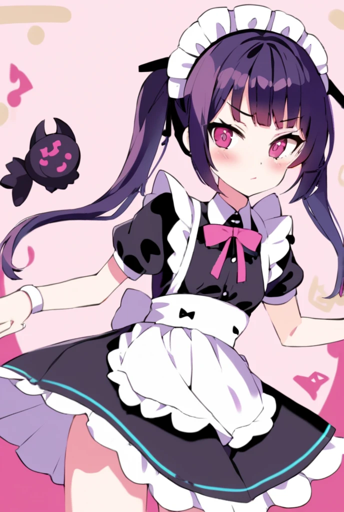 black hair, female, twin drills, solo, smol, pink eyes, massive breasts, very long hair, wear cute black outfit, masterpiece, ultra high quality