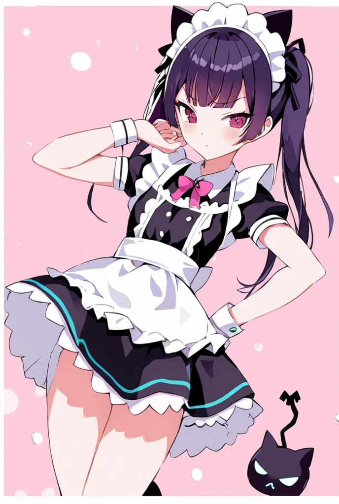 (8K、Highest image quality、highest quality、masterpiece)、detailed face、 1 girl、black hair、twintails、blunt bangs、gray eyes、evil smile、((grin))、small breasts、white brim、((maid))、short sleeve、apron、white socks、shoes、whole body、put your hands on your hips、((bent over:1.3))、luxury room background