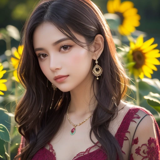 Blonde long-haired woman, Iris, Red Jewelry, Red earrings, moon, Noble, Lady, high quality, Very detailed, Detailed face, masterpiece, city, garden, Flowers, Light,(((Upper body portrait))),Super long brown hair,Hair with loose waves inside,Long hair_Hair reaching down to the waist、gold necklace_Large earrings、((A shy smile:1.3)),wearing Floral blouse with ribbon tie_long see-through sleeves、standing gracefully、full figure supermodel standing, entire body in frame、((Place your left hand gently on your chin:1.3))