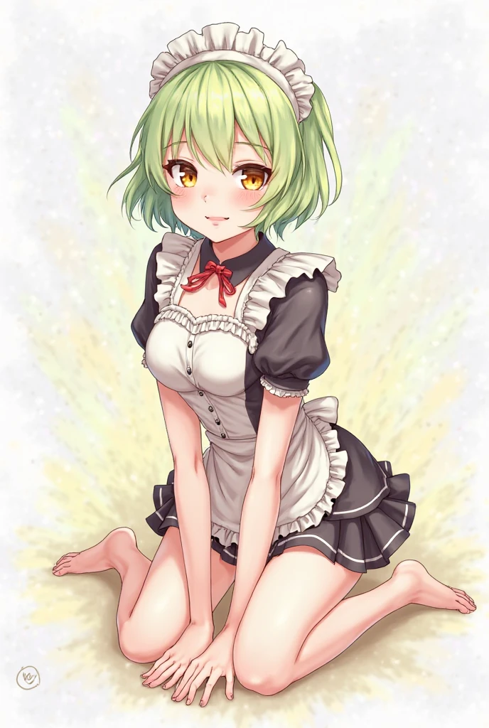 panties, underwear, striped, 1girl, striped_panties, green_hair, green_eyes, open_mouth, short_hair, sitting, solo, dress, green_panties, white_dress, collarbone, kneehighs, blush, pantyshot, sleeveless