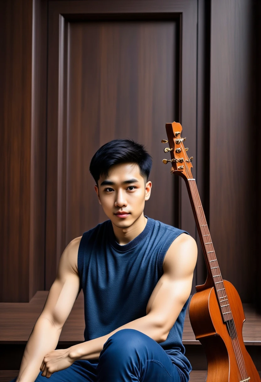1 man, muscular body, 18 years old, wearing no shirt, half body naked, and black micro thong, vibrant and energetic, playing guitar passionately, surrounded by a lush green garden with colorful flowers in bloom. (best quality,4k,8k,highres,masterpiece:1.2), ultra-detailed, (realistic,photorealistic,photo-realistic:1.37) medium, bokeh, portraits, vivid and warm color palette, sunset lighting.