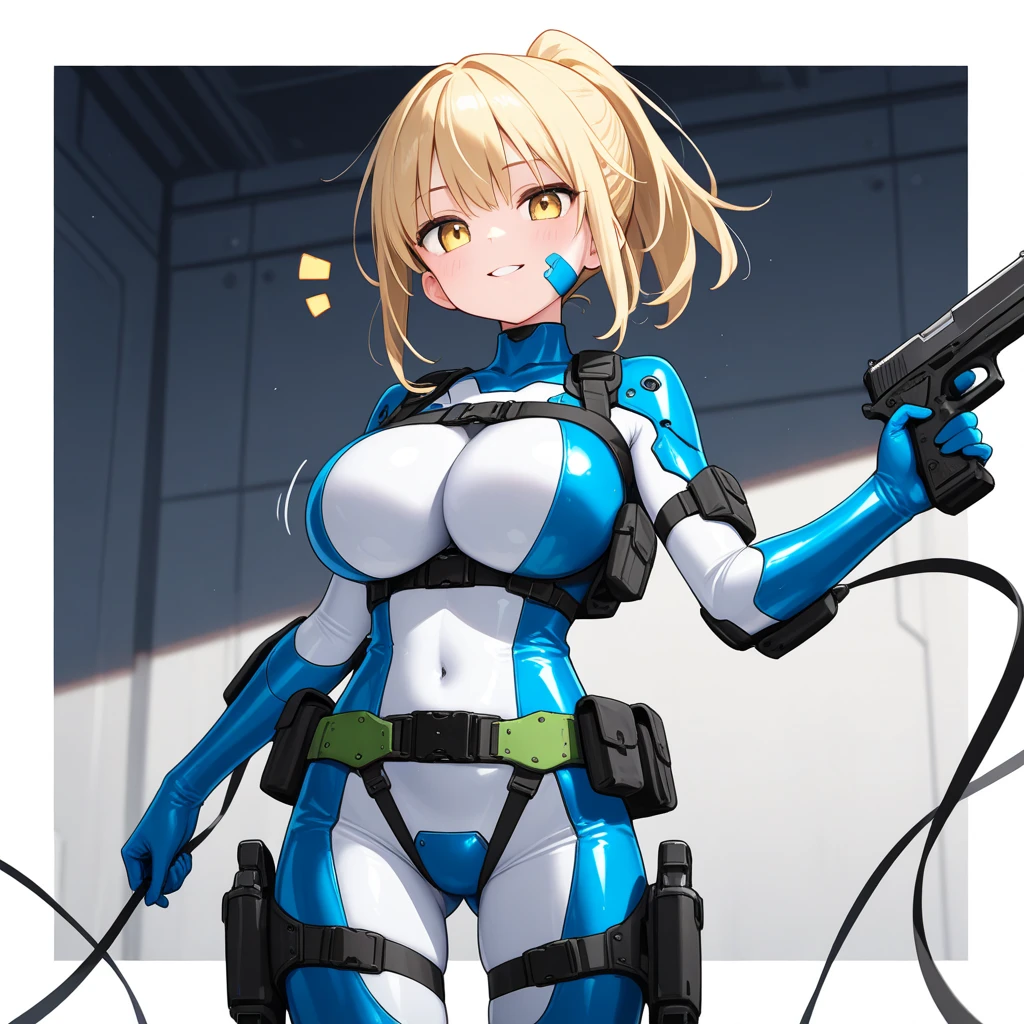 score_9, score_8_up, score_7_up, source_anime, rating questionable, lip bite, <lora:maxwell-nikke-richy-v1_pdxl:.95> maxwell, blonde hair, short hair, sidelocks, blue eyes, visor cap, bandaid on face, headset, earrings, choker, white sports bra, cleavage, large breasts, armband, navel, gloves, mechanical legs,