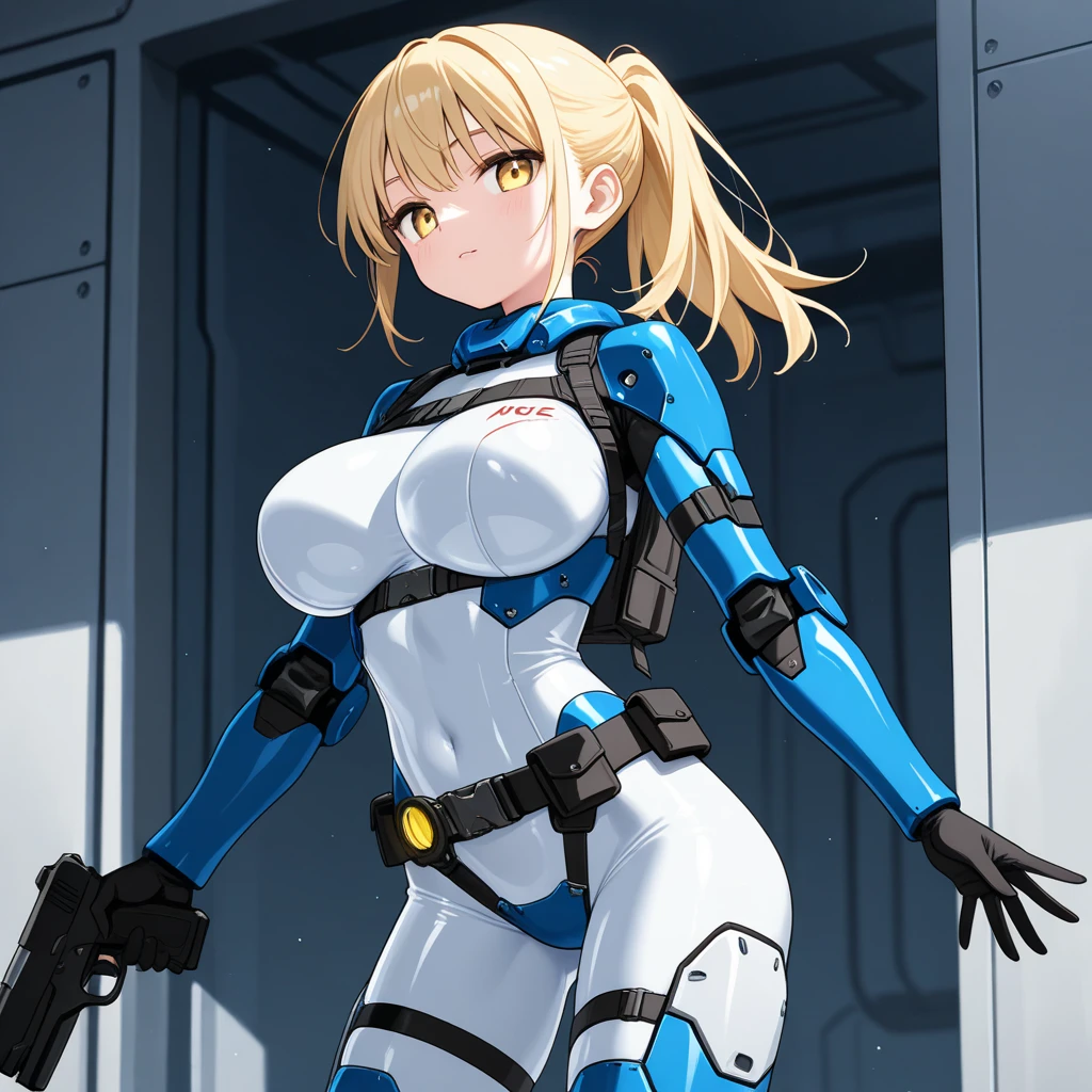 (masterpiece, highest quality, best quality, official art, beautiful and aesthetic: 1.2), (1girl), extremely detailed, (fractal art: 1.3), colorful, highest detailed, perfect face, upper body, HDR, ), vivid visual effects, (dynamic stripes, luminous traces: 1.2),, breast focus, breasts, large breasts, bare breasts, naked, nude, boob window, sexy, wide hips, thicc figure, Detailed blue eyes, Detailed face, Detailed eyes, perfect face, perfect eyes, wearing blue bodysuit, broad shoulders, naked breasts 