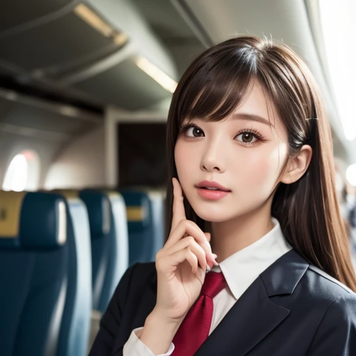 (professional portrait、professional writing)、highest quality, (anatomically correct arm:1.3), Detailed workmanship、(high resolution:1.1)、(8K, High resolution:1.2)、(RAW photo, photorealistic:1.3)、slender body shape、high definition face、(Face is in focus、high definition eyes)、(Focused, symmetrical pupils:1.2)、High-definition and beautiful skin、firm skin、natural makeup、gross lip, High-definition hair texture, japanese woman, 18-year-old、cabin attendant, Stewardess break (japan air line uniform) break uniform front open, Inside the airplane,Standing at、(Hands on chest:1.3), (afraid:1.2)、(She is glaring at the camera with her eyes looking up.:1.3), color々Easy shooting angle:1.3, small breast, cleavage, very embarrassed, blush