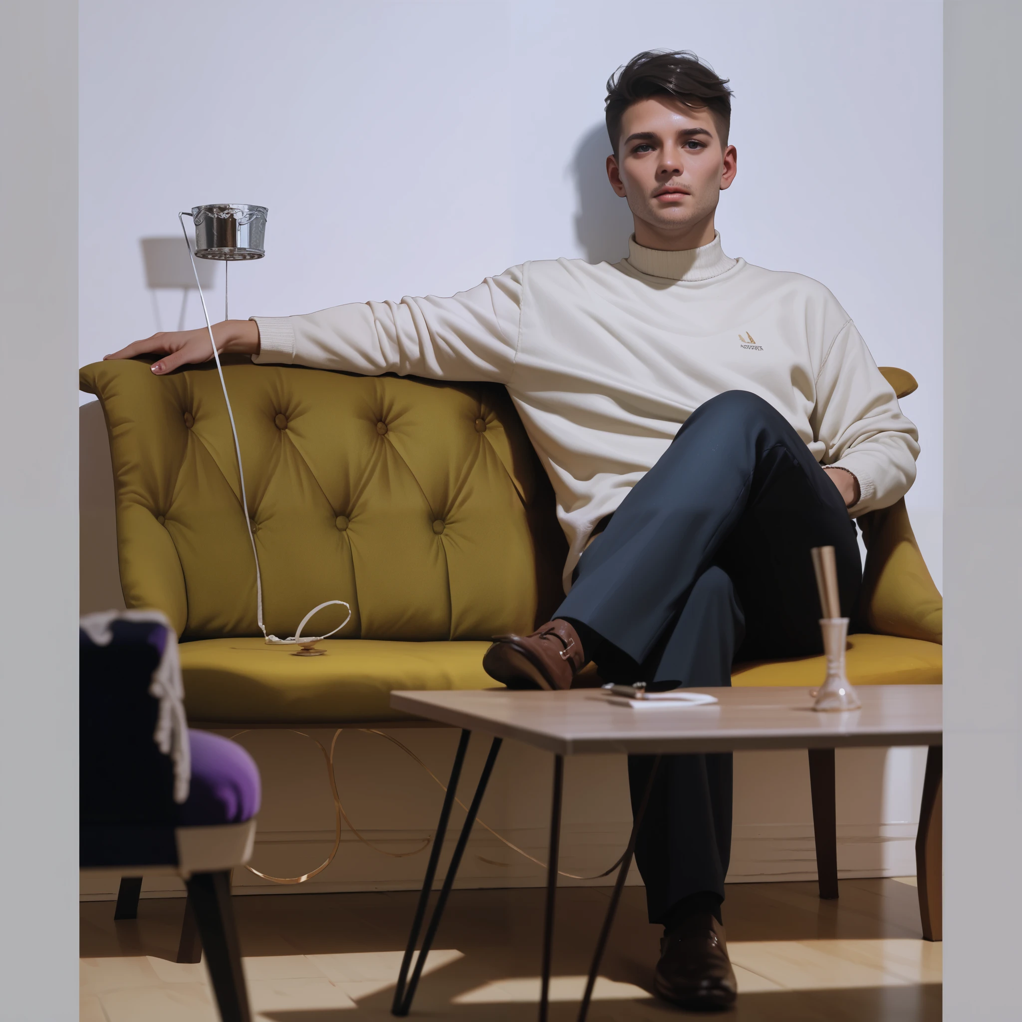 A detailed image of a full body of a balxk young man dressed in an orange suit, sitting in a chair with headphones on and hands behind his head, relaxed. White background, high art, relaxed and happy sitting, popular photo, trending artist, in a cool position, highly focused, background focus.