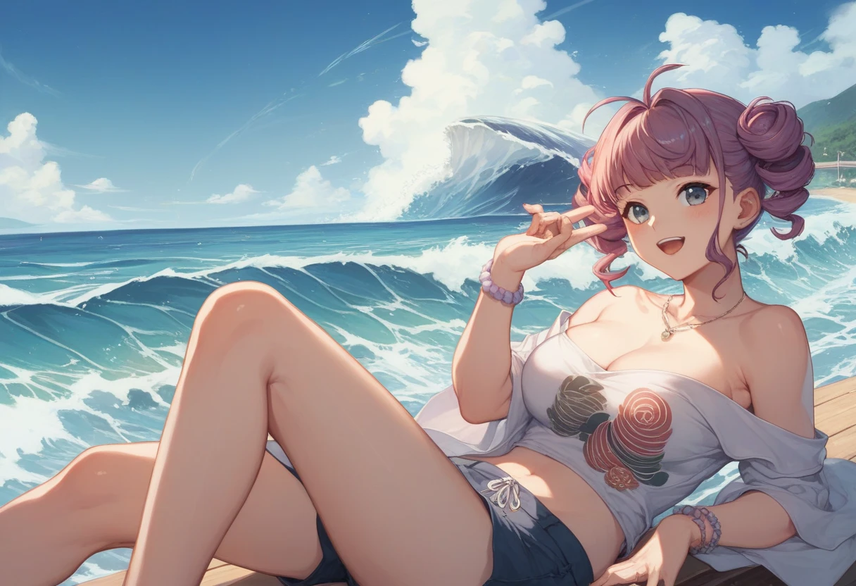 (highest quality)), ((masterpiece)), (Familiar), Perfect Face,Shiny skin,Beautiful breasts,Kyoto Animation style drawing,Shiny skin、Swimwear、hoodie、Sunburned skin、Sweat、Off the shoulder、Double teeth 、Short Hair、Twin tails、Pink Hair、Young、Big Breasts、Embrace、Beach、Sandy Beach、Sunshine、summer、dark skin、close、near、Parasol、Recliner、Drinking juice with ice