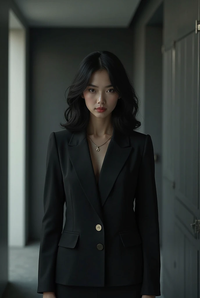 (masterpiece, 1girl, Japanese, 4, short black hair, standing in luxury hotel elevator hall, (stylish outfit), (elegant atmosphere))