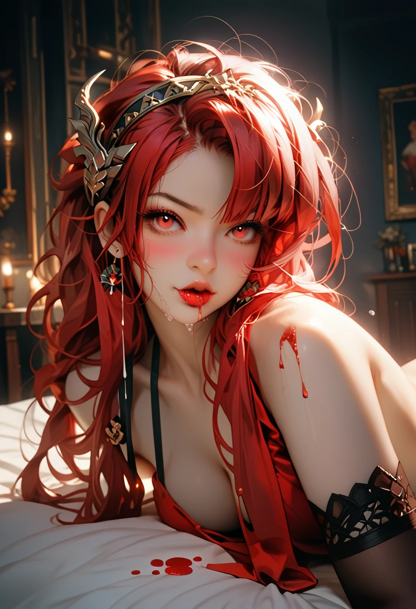 1women,red hair, kimono,cleavage section