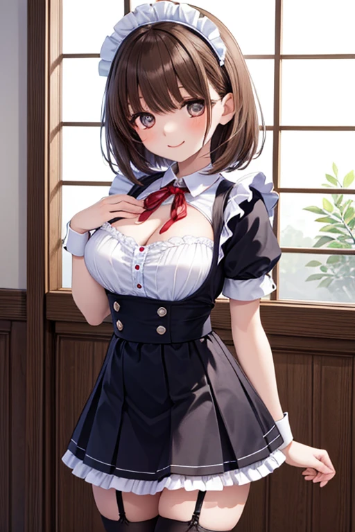 1girl, apron, bangs, blush, bow, bowtie, breasts, closed_mouth, day, eyebrows_visible_through_hair, finger_to_mouth, flower, frilled_apron, frills, green_eyes, index_finger_raised, indoors, ivy, leaf, long_hair, long_sleeves, looking_at_viewer, maid, maid_apron, maid_headdress, medium_breasts, open_door, plant, potted_plant, shushing, smile, solo, vines, waist_apron, white_apron, window, slender, kawaii, perfect symmetrical face, ultra cute girl, ultra cute face, ultra detailed eyes, ultra detailed hair, ultra cute, ultra beautiful,, <lora:flat2:-0.3>