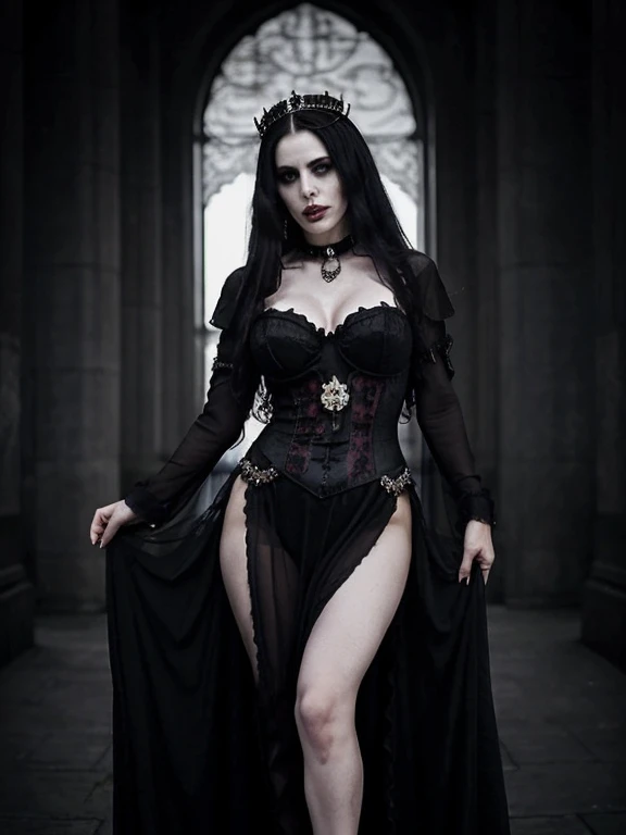 in frame, full body, a beautiful woman at Mont Saint-Michel cathedral at night, dark shadows, (incredibly sexy:1.3), pale skin, thin face, luscious long black hair, heavy makeup, dark eyes, dark eyeliner, dark makeup, skin blemishes, (large soft breasts:1.4), (thin tight body:1.4), thin hips, (tight defined butt:1.3), tight stomach, thick strong legs, wearing gothic lingerie and a long black velvet cape and knee high boots, black choker, becoming a vampire, (bloodlust, barring fangs with blood:1.5), blood running down from the corner of her mouth, looking at camera, seductive, moonlight, masterpiece, photorealistic, detailed, 8k, HDR, shallow depth of field, midnight, dark shadows, creepy atmospheric, rain, high contrast, backlighting, bloom, light sparkles, chromatic aberration, sharp focus, RAW color photo