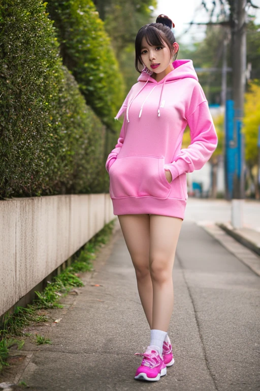 1girl,solo,medium breasts,outdoors,<lora:GoodHands-beta2:1>,(full body:1.3),(thigh gap:1.2),<lora:0153 D.VA DLC_v1:0.9>,ruanyi0153,d.va \(overwatch\),bunny print,english text,pink shirt,pleated skirt,white legwear,sneakers,hooded jacket,, best quality,masterpiece,highres,official art,extremely detailed cg unity 8k wallpaper