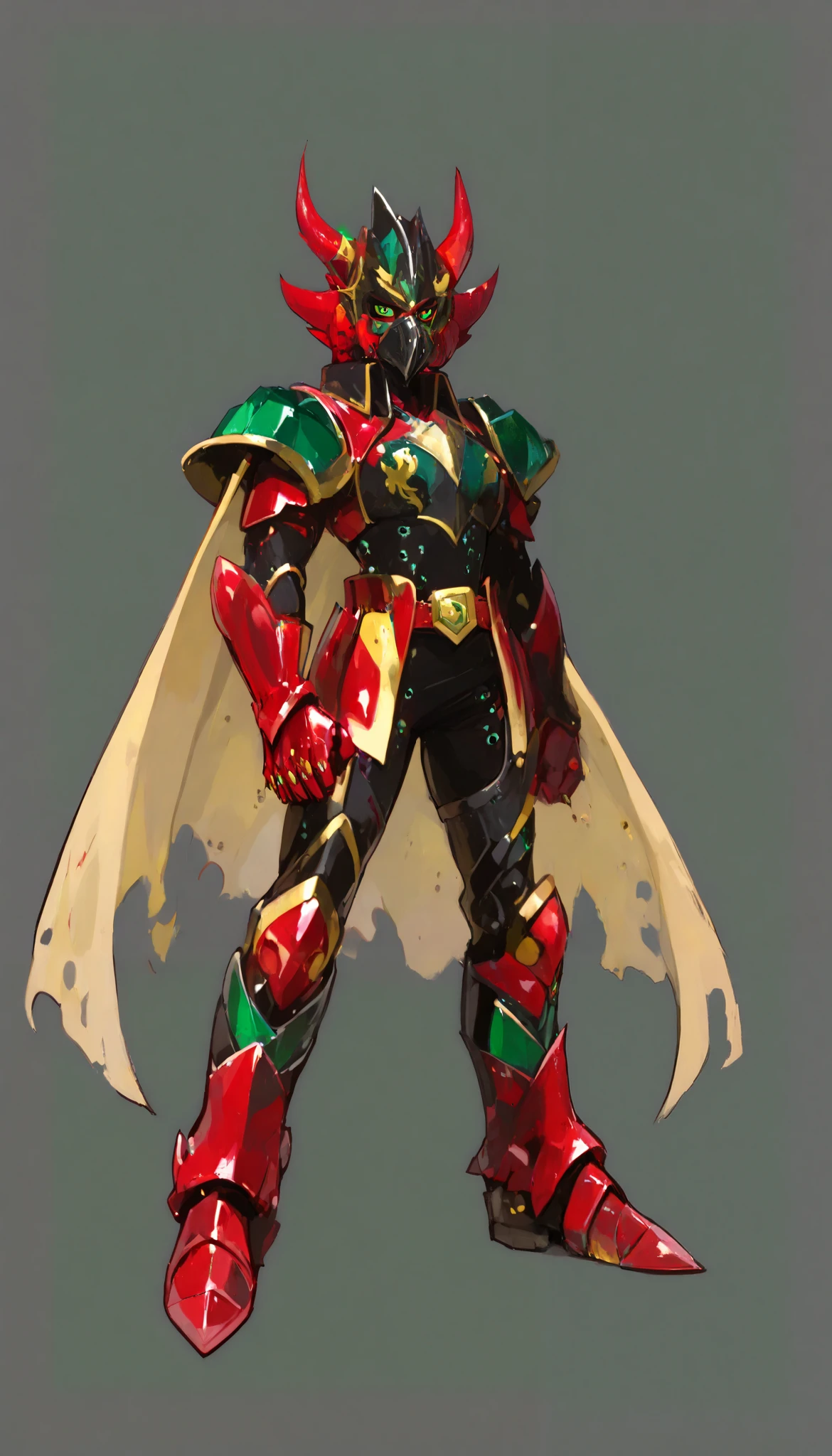 (My Hero Academia Style), ((OC)), ((1guy)), ((male)), (Anthro), ((perfect face)), (((perfect hands))), ((perfect anatomy)), (Knee gap), (Ankle Gap), ((standing)), ((looking at viewer)), ((plain background)), ((full body photo;1.5)), ((Red Dragon Armor Cloth)), ((Saint Seiya)), ((Myth Cloth)), ((Red Dragon Cloth)), (((Metallic Simple Red Dragon Head Helmet Headwear with Emerald Green Eyes and golden Rear Horns and Edges))), (((Black Full simple Facewear Mask With Emerald Green Eyes and Golden lines))), (((Metallic Simple Dragon Red Armor with Emerald Green Jewelry and Gold Edges))), ((((Black Fullbody loose Bodysuit Tucked in Armor)))), ((Simple Metallic Red Gauntlets)), ((simple Metallic Red Shin Boots)), ((Metallic Simple red three-layer Shoulder pads with gold edges)), (((Metallic Simple Red three-layer chest breast plate with Gold Edges))), ((Metallic Simple red Greaves With Gold Edges)), ((Simple Metallic Red hips pads with Gold Edges)), ((Metallic Simple Red Belt with circular buckle and Gold Edges)), ((circular buckle with round Emerald Green Jewelry)), ((Metallic Simple Red Collared Armor With Gold Edges)), ((Simple Gray Background With Gold Edges))), (((metallic Red simple elbow and knee pads With Gold Edges and Emerald Green Jewelry))), ((((Long torn yellow cape with bullet holes)))),