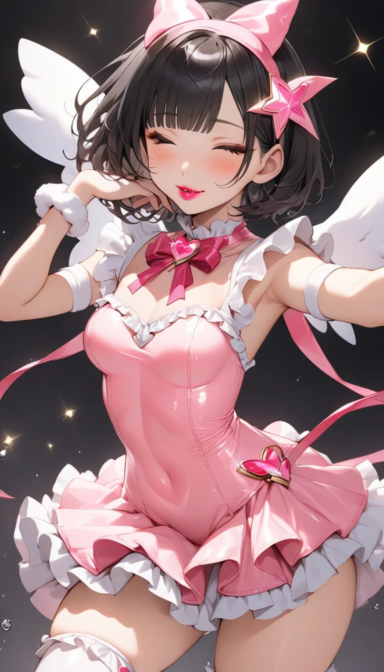 (Obra maestra:1.2), Mejor calidad, (illustration:1.2), (ultra detallado), hiper detalles, (delicado detallado), (detalles intrincados), (cinematic light, Mejor calidad Backlights), Delete line, solista, Cuerpo perfecto, anime girl, pale complexion, long black hair, dark eyes, shes wearing a black and pink corset, black skirt with pink lace, pink stockings, thick black gothic boots with buckles, bright lights, sparkles, twisted misty aura, glowing eyes, melting slime art, dark aura, dark setting, glowing effect, shiny makeup, ultra HD., (constituir), alto contraste, (mejor iluminacion, un extremadamente creado y hermoso), (cinematic light), vistoso,