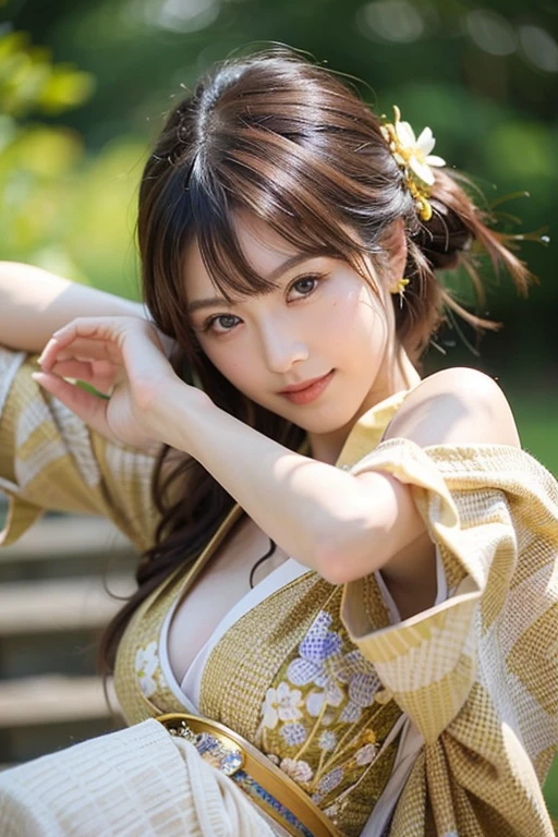 High resolution, Raw photo, Photorealistic, Extremely delicate and beautiful, Extremely detailed, finely detail, Extremely detailed CG unity 8K wallpaper, Ultra-detailed, (Best Quality, 8K, 32K, masutepiece, nffsw:1.2), 19 year old beautiful Japanese model wearing Japanese clothes at a shrine, (thin clavicle, Exposed shoulders, Off-shoulder, Small cleavage:1.55), (updo hair, half collar collar, Obi, sash, Obi-Jime cord, Floral kimono :1.8), Kanzashi, Hair Ornament, beautiful and detailed face, Beautiful clear long eyes, Delicate figure, Short hair, (skinny, slim, Slender and delicate body), Upper teeth, (embarrassed:1.3), Young Sensual Gravure Idol, Young thin gravure idol, Young Pretty Gravure Idol, Young Gravure Idol, realistic Young Gravure Idol, sophisticated gravure idol,
