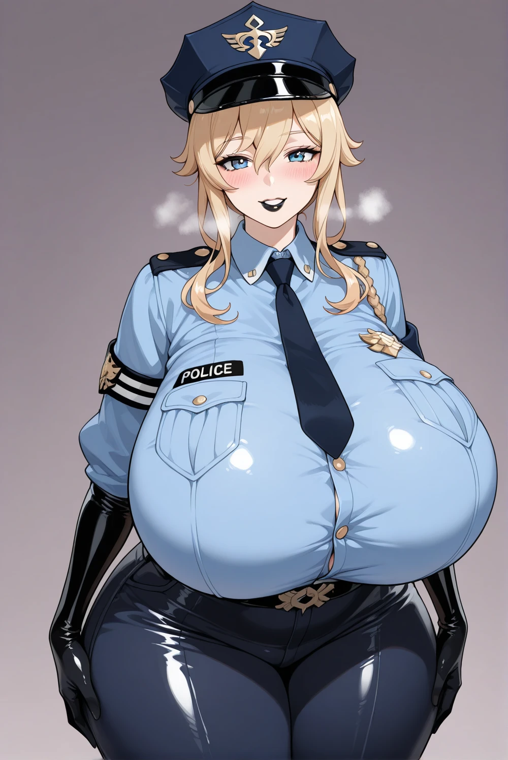 (masterpiece, best quality:1.2), police woman in skirt police uniforms, covered chest completely, blonde, giga_busty