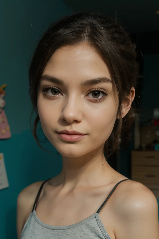 (best quality,4k,highres,masterpiece:1.2),ultra-detailed,(realistic,photo-realistic:1.37), woman with long messy brown hair, stunning blue eyes,beautiful detailed lips,medium-light skin tone,impeccably groomed eyebrows, sasha grey, portrait sophie mudd, 24 years old, madison beer girl portrait, violet myers, she looks like a mix of grimes, maggie lindemann, very pretty model, arian mark, natural makeup, flawless complexion,well-defined cheekbones,soft and radiant lighting,subtle blush on her cheeks,attention to every detail,meticulously styled long hair,lovely blue pajama with delicate patterns,expressive eyes with long eyelashes,meticulously drawn eyeliner,gently applied eyeshadow,subtle and glossy lipstick,colored nail polish,sparkling earrings that catch the light,natural and soft-looking makeup,reflective mirror with a beautiful frame,great attention to the texture and shine of the hair,pleasant background with a touch of pastel colors,vivid colors that enhance the overall picture,impressive realism and high level of detail, big smile, large breasts