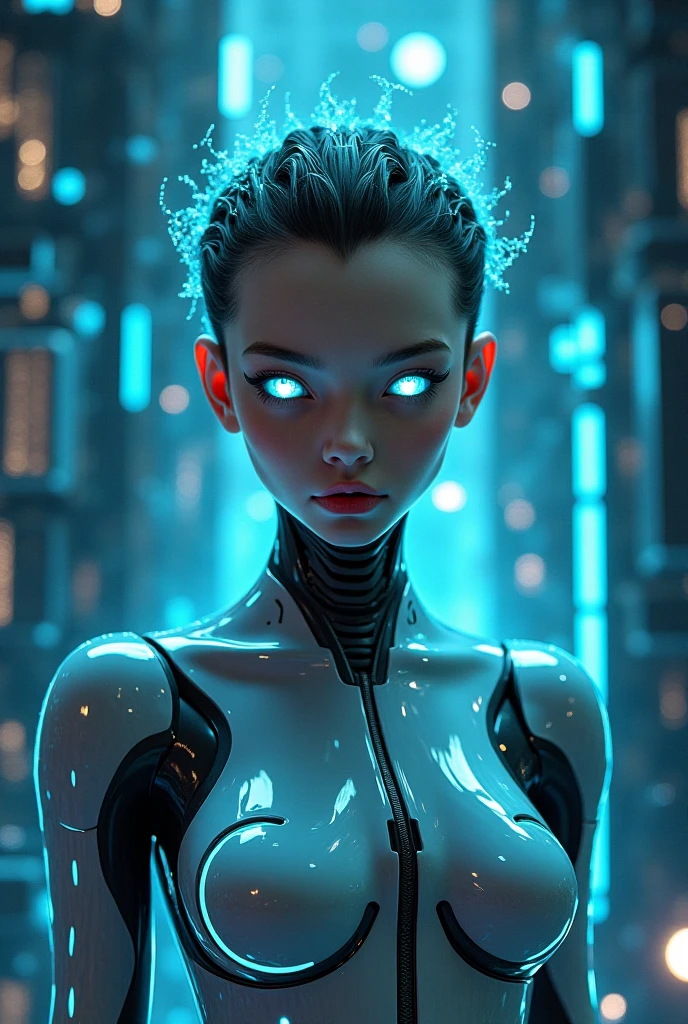 Beautiful female android, model-like body, glowing eyes, metallic body, shiny smooth surface, background reflected on body surface, blue-black body, downtown at night, neon sign, raining, cyberpunk cityscape, blur background, emphasize outline of person,