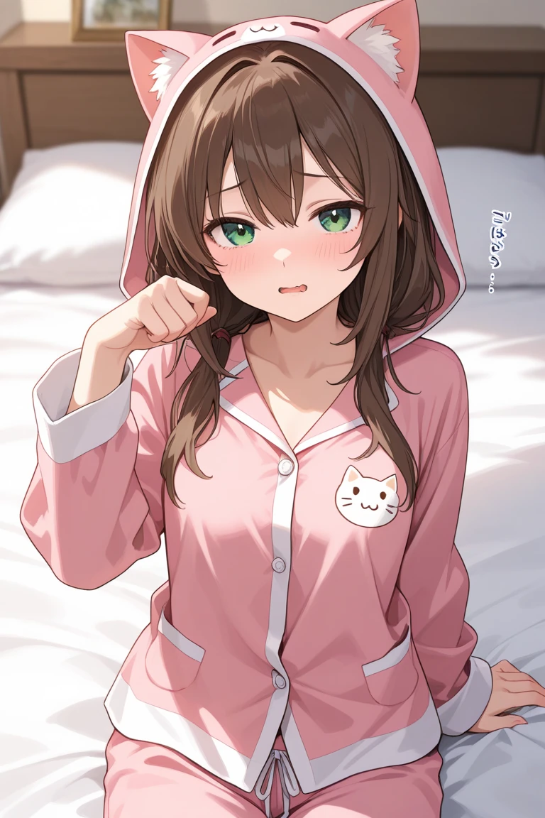 highest quality、High resolution、Detailed Background、(Beautiful face in every detail:1.4)、Anatomically correct、(Draw the usual number of fingers:1.2)、(Hide your fingers:1.1)、(Detailed facial expressions)、(Detailed eyes:1.2)、Teenage beauty、(Three Women)、(Highly detailed face:1.4)、Brown Hair、Bobcut、Twin tails、well-groomed eyebrows、Soft atmosphere、Very excited、Cute gestures、Laugh playfully、A big smile、Cute Kigurumi Pajamas、
(Three beautiful girls wearing mascot pajamas are having a pajama party in a friend's room.:1.5)、
We enjoy chatting, eating sweets, and having girly fun.、
Everyone is relaxing in their soft pajamas.、Girls wearing pink or lovely pajamas holding stuffed toys、Sitting close to the cushion、
The room is filled with a soft pink and pastel color atmosphere.、
Kittens and rabbits、Dinosaur and other animal-themed kigurumi pajamas