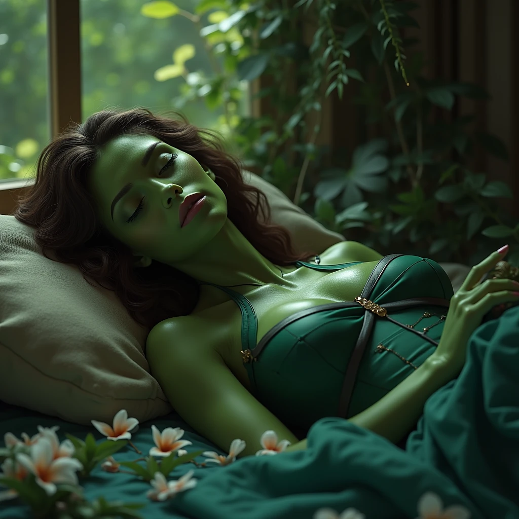 (photorealism:1.2), Marilyn Monroe a alien green, sitting on bed, wearing loose off-shoulder top, pajama pants, long curly hair, indoors, soft lighting, plants in background, window with sunlight, cozy room, relaxed pose, realistic, intricate details, warm colors, by Greg Rutkowski, by Alphonse Mucha