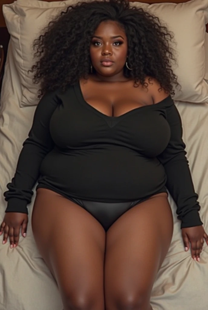 A naked black woman, who lies on her back in bed, and spreads her legs upwards, with large breasts and a large butt.