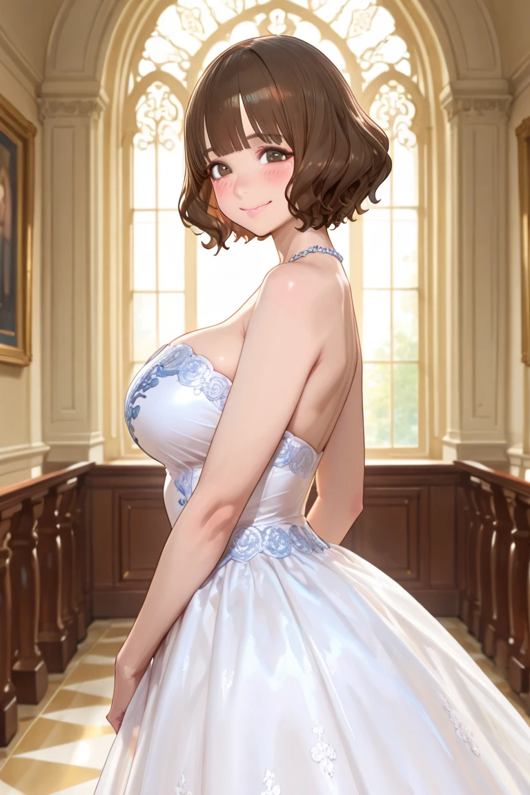 masterpiece, best quality, highly detailed, ultra high res, aichan, large breasts, 1girl, solo, blue eyes, short brown hair, braid, glossy lips, collarbone, wedding dress, necklace, sitting, (light smile:0.8)