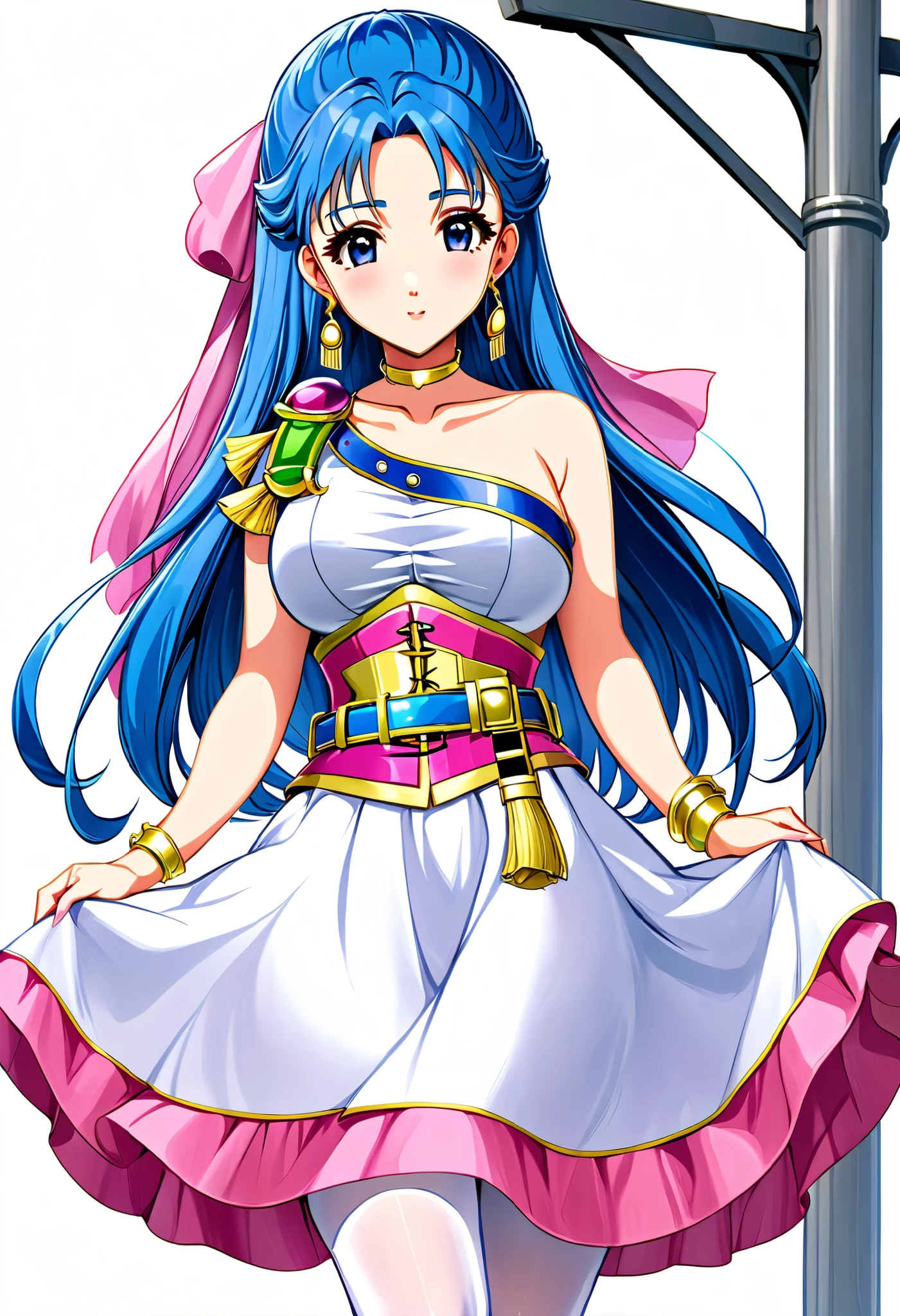 score_9, score_8_up, score_7_up, score_6_up, flora \(dq5\), long hair, half updo, pink bow, earrings, choker, (dress:1.2), corset, (belt:1.2), bracelet, skirt, white thighhighs, shoes, long skirt, white dress, single shoulder dress, blue hair,Big Breasts,from the side, empty white background、Mature Adult、perfect body、 Completely-Blowed、 blushing slightly at Japan station,With a straight face、