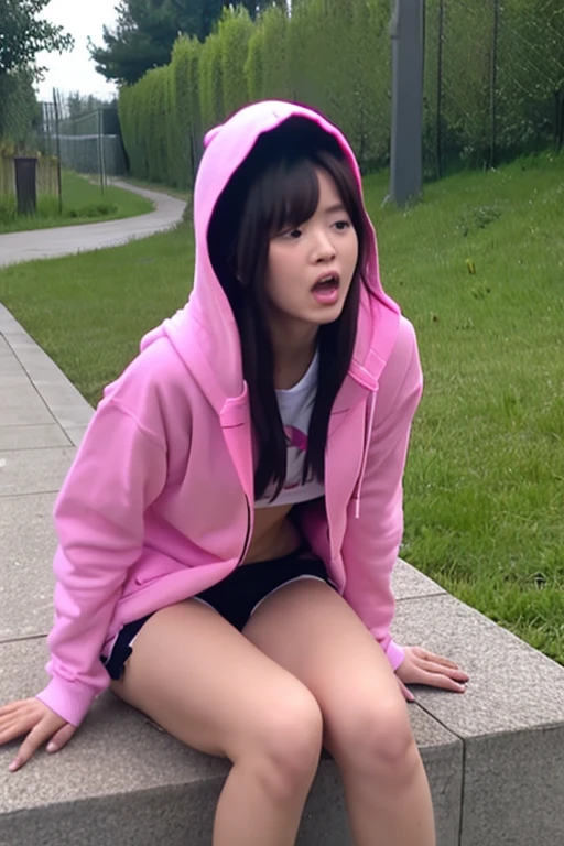 I&#39;m wearing a sweatshirt and a lace thong.。Squatting。It's a smile。I have my mouth open and my tongue sticks out.。I'm putting out a velo。