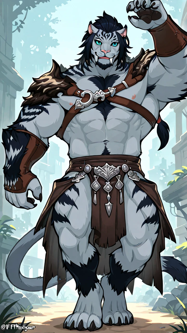 (masterpiece),(highres),(intricate details:1.4),extremely detailed,(illustration:1.2),8k,photorealistic,exquisite,(daddy:1.5),aged,elder male tiger ,muscular,(guardian:1.7),(safety guard),black fur,manhood,warrior,(black fur:1.3),long hair,long beard,(numerous scars),(bulging crotch:1.8),(homosexual:1.5),(a serene face:1.9)(naked body:1.4)