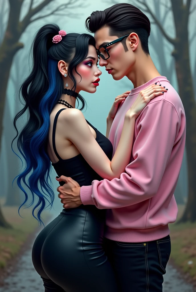 Couple of boyfriends, she is gothic with a curvy body, big cheeks, big butt, black hair with blue and big brown eyes, clear skin, He has straight hair combed up and small rectangular glasses and a wide nose and a pink sweatshirt and black pants.