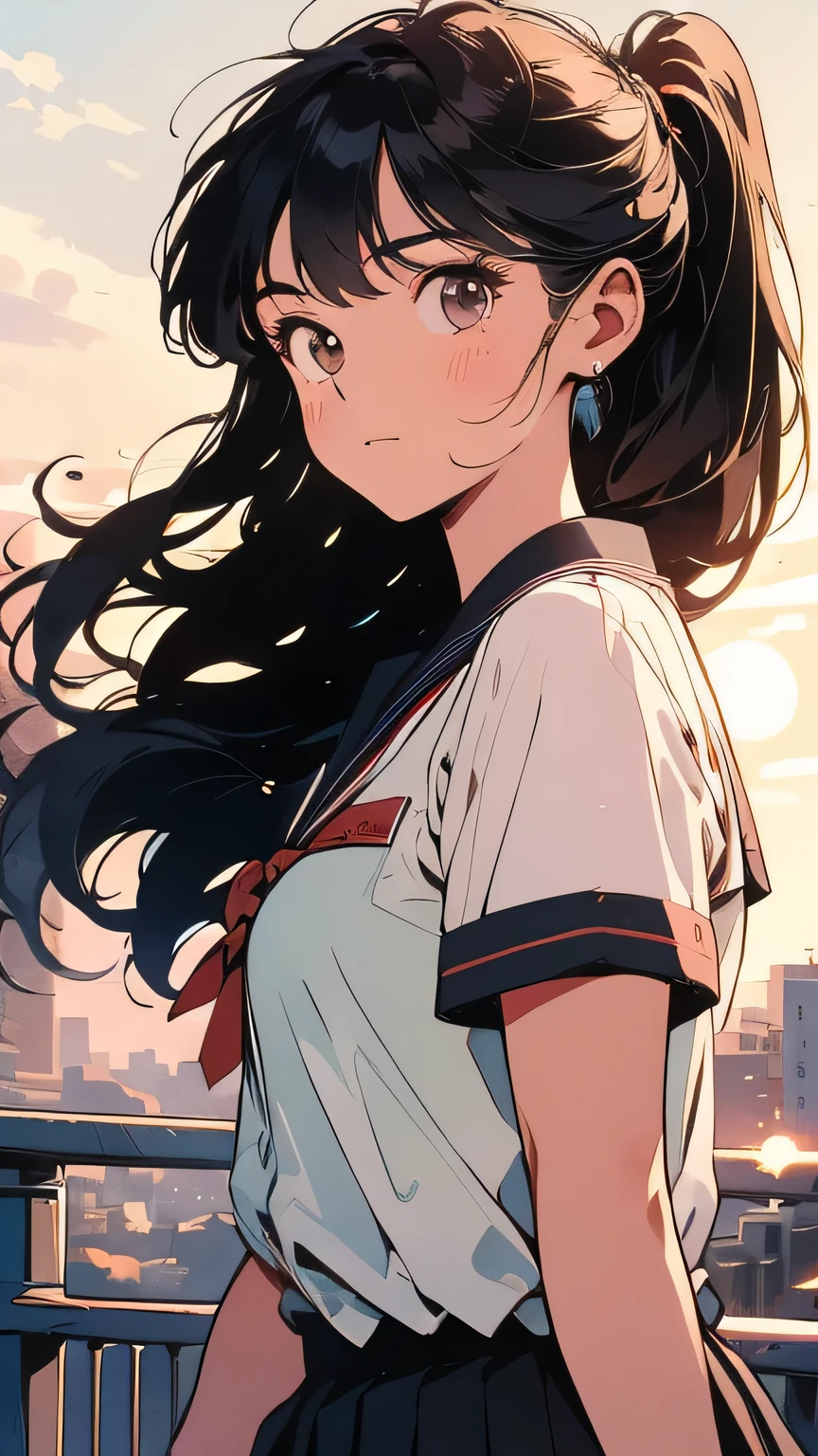 sepia illustration:2.0, Breathtaking beauty, beautiful animation of the sun rising above the horizon, dynamic composition, upper body, Regional City with Slopes, cityscape of Shumigaoka, 1 Beautiful Japanese Woman, 80s high school girl, High Quality, 8k, have brown hair, low ponytail hair swaying in the wind, brush up your hair, uniform, pleated miniskirt, sailor suit:1.21, natural lighting, detail hair, completely complete, 80s Fashion , retro color, Top Quality, detailed background, Complex Backgrounds, sunset, emotional lighting,