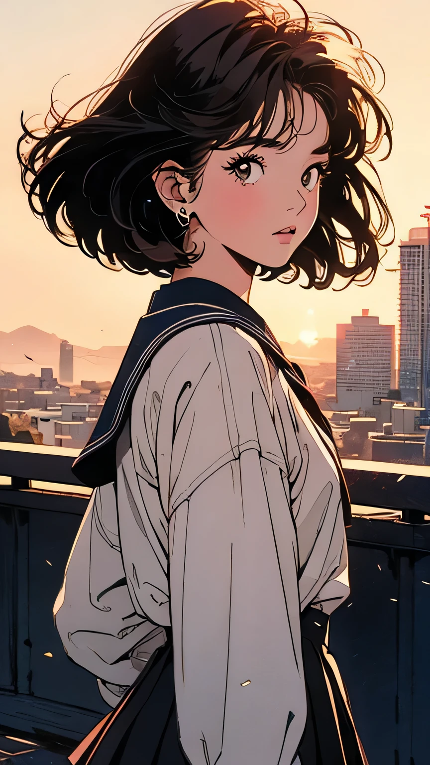 sepia illustration:2.0, Breathtaking beauty, beautiful animation of the sun rising above the horizon, dynamic composition, upper body, Frontal View, Regional City with Slopes, cityscape of Shumigaoka, 1 Beautiful Japanese Woman, 80s high school girl, High Quality, 8k, have brown hair, Bob cut hair swaying in the wind , brush up your hair, uniform, pleated miniskirt, sailor suit:1.21,  natural lighting, detail hair, completely complete,  80s Fashion ,  retro color, Top Quality, detailed background, Complex Backgrounds, sunset, emotional lighting, 