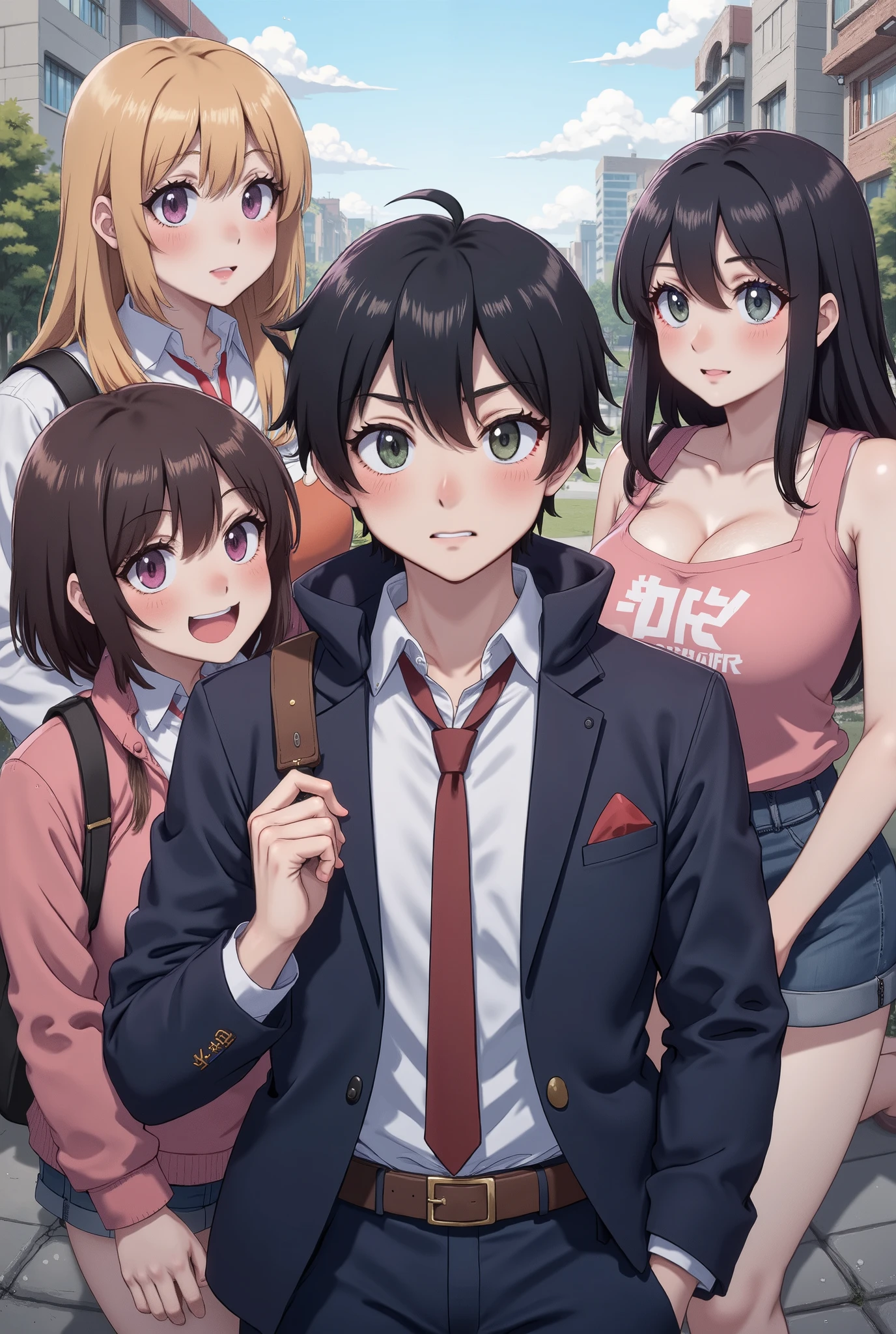 A rich man, holding a black card in his hand, 2 beautiful and sexy girls are beside him, city background