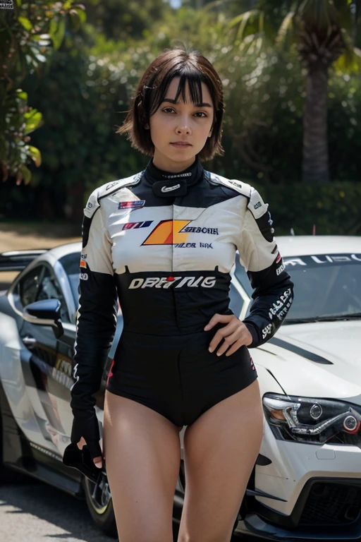 A girl, , Sit on a car hood, Racing Hotess, Raceway, Racetrack, blushing face , Dark Hair (Best quality:1.1), (Masterpiece:1.4), 1fille, (cheveux volumineux)+ , ((cheveux)++, cheveux longs , (Yeux Bleux) , (big lips)+, peau brillante, brillant, Lovely Smile,