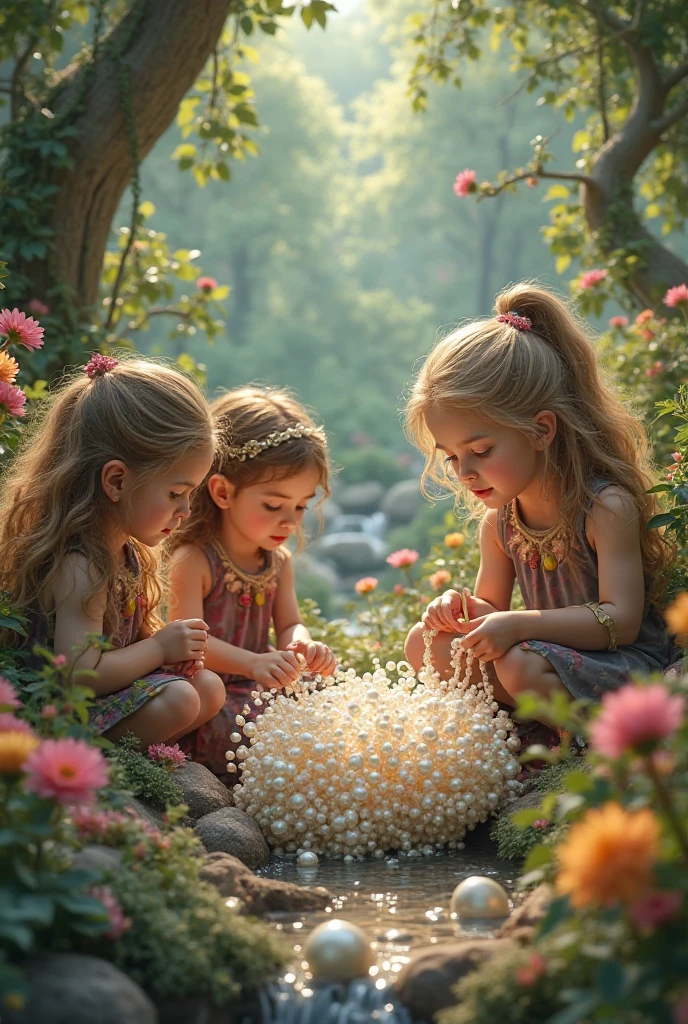 Samaritan woman，A group of small children，Around a long-haired girl，Gratitude，flower  sea，Run